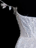Elegant A line Spaghetti Straps White Sequin Long Prom Formal Fancy Evening Dresses Dinner Outfits Classy Party Gowns HZ0311