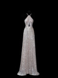 Chic A line Halter Champagne Sequin Long Prom Formal Fancy Evening Dresses Dinner Outfits Classy Party Gowns HZ0311