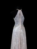 Chic A line Halter Champagne Sequin Long Prom Formal Fancy Evening Dresses Dinner Outfits Classy Party Gowns HZ0311