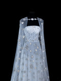 Elegant A Line Strapless Tulle With Tulle Cape Formal Fancy Long Evening Dresses Dinner Outfits Classy Party Gowns HZ0311