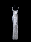 Chic Sheath Square Neck Silver Sequin Long Prom Formal Fancy Evening Dresses Dinner Outfits Classy Party Gowns HZ0311