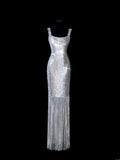 Chic Sheath Square Neck Silver Sequin Long Prom Formal Fancy Evening Dresses Dinner Outfits Classy Party Gowns HZ0311