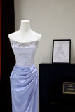 Modest Mermaid Strapless Blue Satin Silver Beads Top Prom Dresses Long Party Dress 20th Birthday Outfits Graduation Dress HZ0311