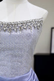 Modest Mermaid Strapless Blue Satin Silver Beads Top Prom Dresses Long Party Dress 20th Birthday Outfits Graduation Dress HZ0311