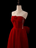 Modest A Line Strapless Red Chiffon With Flower Top Prom Dresses Long Party Dress 20th Birthday Outfits Graduation Dress HZ0311
