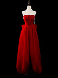 Modest A Line Strapless Red Chiffon With Flower Top Prom Dresses Long Party Dress 20th Birthday Outfits Graduation Dress HZ0311