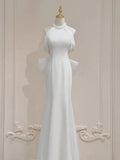 Simple Mermaid Halter White Satin 70s Fitted Long Wedding Dress Bride Gown Brides Dresses HZ0311