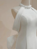 Simple Mermaid Halter White Satin 70s Fitted Long Wedding Dress Bride Gown Brides Dresses HZ0311