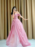 Pretty Ball Gown Strapless Pink Floor Length Tulle Flowers Prom Dresses Formal Dress Birthday Outfits Prom Gown HZ0311