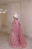 Pretty Ball Gown Strapless Pink Floor Length Tulle Flowers Prom Dresses Formal Dress Birthday Outfits Prom Gown HZ0311