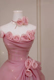 Pretty Ball Gown Strapless Pink Floor Length Tulle Flowers Prom Dresses Formal Dress Birthday Outfits Prom Gown HZ0311