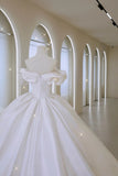 Classic Ball Gown Off The Shoulder White Fitted Long Satin Wedding Dress Bride Gowns Wedding Dresses HZ0311