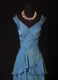 Vintage Prom Dresses 1950s Retro Classy A Line V Neck Teal Blue Chiffon Inspo Long Prom Gown HZ0311