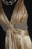 Vintage Prom Dresses 1950s Retro Classy A Line V Neck Gold Satin Backless Inspo Long Prom Gown HZ0311