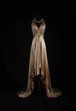 Vintage Prom Dresses 1950s Retro Classy A Line V Neck Gold Satin Backless Inspo Long Prom Gown HZ0311