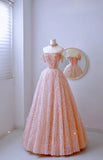 Modest Ball Gown Off The Shoulder Blush Pink Sequin Prom Dresses Long Party Dress 21st Birthday Outfits Graduation Dress HZ0311
