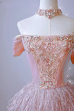 Modest Ball Gown Off The Shoulder Blush Pink Sequin Prom Dresses Long Party Dress 21st Birthday Outfits Graduation Dress HZ0311