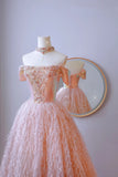 Modest Ball Gown Off The Shoulder Blush Pink Sequin Prom Dresses Long Party Dress 21st Birthday Outfits Graduation Dress HZ0311