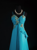 Retro Prom Dresses A Line Spaghetti Strap Blue Chiffon Vintage Fashion Long Prom Dresses Party Gowns HZ0311