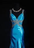 Vintage Prom Dresses 1950s Retro Classy Mermaid Sweetheart Blue Satin Slit Inspo Long Prom Gown HZ0311