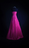Retro Prom Dresses Ball Gown Strapless Fuchsia Satin With Appliqued Lace Vintage Long Prom Dresses Party Gowns HZ0311