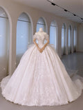 Luxury Women's Ball Gown Off The Shoulder With Beaded Pleated White Satin Floor Length Wedding Dresses HZ0311