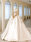 Luxury Women's Ball Gown Off The Shoulder With Beaded Appliqued White Satin Sweep Train Wedding Dresses HZ0311