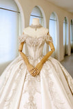 Luxury Women's Ball Gown Off The Shoulder With Beaded Appliqued White Satin Sweep Train Wedding Dresses HZ0311