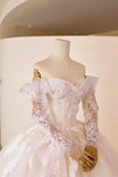 Luxury Women's Ball Gown Off The Shoulder With Appliqued Long Sleeves White Tulle Sweep Train Wedding Dresses HZ0311