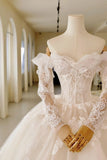 Luxury Women's Ball Gown Off The Shoulder With Appliqued Long Sleeves White Tulle Sweep Train Wedding Dresses HZ0311