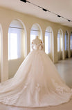 Luxury Women's Ball Gown Off The Shoulder With Appliqued Long Sleeves White Tulle Sweep Train Wedding Dresses HZ0311