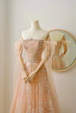 Modest A line Off The Shoulder Champagne Sequin Beaded Prom Dresses Long Party Dress Evening Outfits Graduation Dress HZ0311