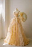 Classy Ball Gown Strapless Yellow Floor Length Tulle Prom Dresses Formal Dress Birthday Outfits Prom Gown HZ0311