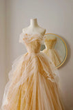 Classy Ball Gown Strapless Yellow Floor Length Tulle Prom Dresses Formal Dress Birthday Outfits Prom Gown HZ0311