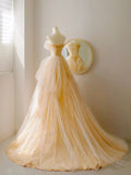 Classy Ball Gown Strapless Yellow Floor Length Tulle Prom Dresses Formal Dress Birthday Outfits Prom Gown HZ0311