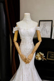 Romantic Women's Mermaid Off The Shoulder With Appliqued Short Sleeves White Lace Tulle Sweep Train Wedding Dresses HZ0311
