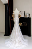 Romantic Women's Mermaid Off The Shoulder With Appliqued Short Sleeves White Lace Tulle Sweep Train Wedding Dresses HZ0311