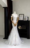 Romantic Women's Mermaid Off The Shoulder With Appliqued Short Sleeves White Lace Tulle Sweep Train Wedding Dresses HZ0311