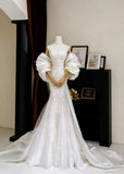 Romantic Women's Mermaid Off The Shoulder With Appliqued Short Sleeves White Lace Tulle Sweep Train Wedding Dresses HZ0311