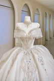 Romantic Women's Ball Gown Off The Shoulder With Appliqued Short Sleeves White Lace Tulle Sweep Train Wedding Dresses HZ0311