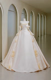 Romantic Women's Ball Gown Strapless With Appliqued Long Sleeves White Lace Satin Sweep Train Wedding Dresses HZ0311
