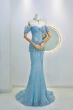 Modest Mermaid Off The Shoulder Blue Sequin Beaded Prom Dresses Long Party Dress Evening Outfits Graduation Dress HZ0311