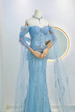 Modest Mermaid Off The Shoulder Blue Sequin Beaded Prom Dresses Long Party Dress Evening Outfits Graduation Dress HZ0311