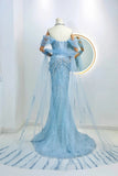 Modest Mermaid Off The Shoulder Blue Sequin Beaded Prom Dresses Long Party Dress Evening Outfits Graduation Dress HZ0311