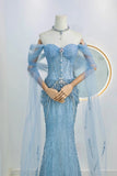 Modest Mermaid Off The Shoulder Blue Sequin Beaded Prom Dresses Long Party Dress Evening Outfits Graduation Dress HZ0311
