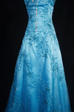 Retro Prom Dresses A Line Strapless Blue Tulle Beaded Vintage Fashion Long Prom Dresses Party Gowns HZ0311