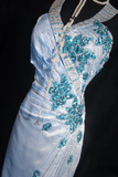 Retro Prom Dresses Mermaid Halter Blue Satin Beaded Vintage Fashion Long Prom Dresses Party Gowns HZ0311