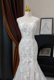 Charming Women's Mermaid Spaghetti Straps Tulle Lace White Long Wedding Dresses HZ0311