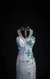 Retro Prom Dresses Mermaid Halter Blue Satin Beaded Vintage Fashion Long Prom Dresses Party Gowns HZ0311