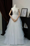 Romantic Women's Ball Gown High Neck With Appliqued White Lace Tulle Sweep Train Wedding Dresses HZ0311